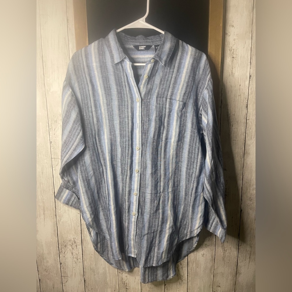 Lands' End Women's Blue Stripe 100% Coastal Linen Button Up Beach Shirt Size S